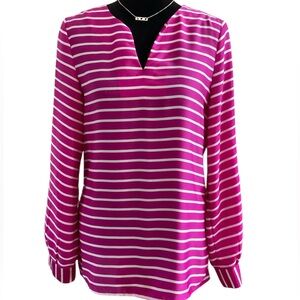 Ann Taylor Tunic Blouse Womens Pink White Stripe Split V-Neck Pullover